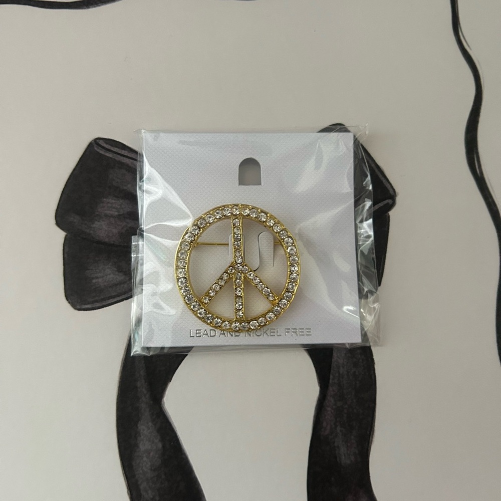 Gold Rhinestone Peace Sign Brooch Pin - Elegant Women's Accessory